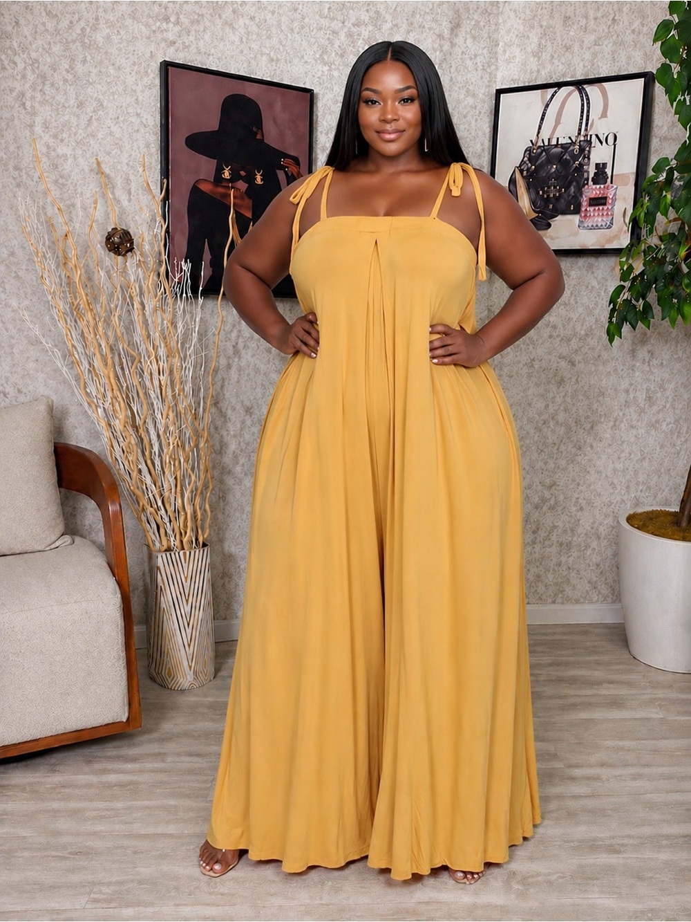 Plus Size Tie-Shoulder Wide-Leg Jumpsuit in Mango